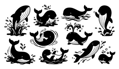 Black Silhouette Whale Collection with Ocean Marine Mammals Underwater Wildlife Vector Illustration Set © Shakib