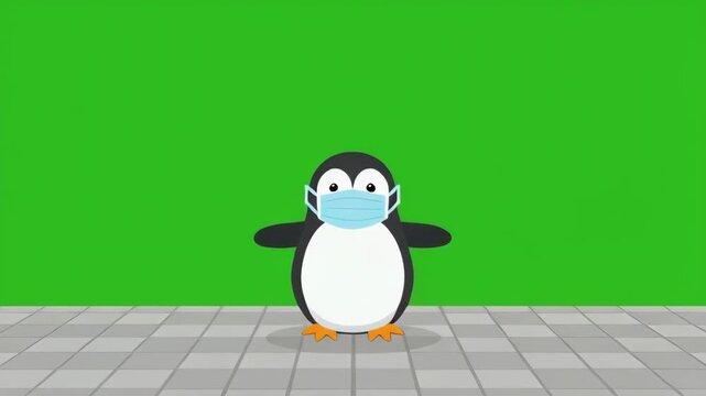 Penguins in face masks moving in sequence against a green screen background with a clean pavement texture