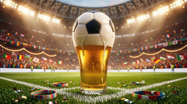 Football in glass of beer on grass of stadium. Soccer ball symbol inside beverage for fan drinking during tournament. Sport event broadcast celebration and festive party concept.