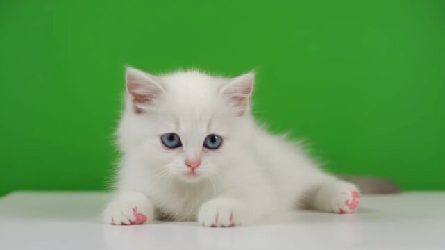 Playful white kitten resting on a table with a green background during a studio shoot