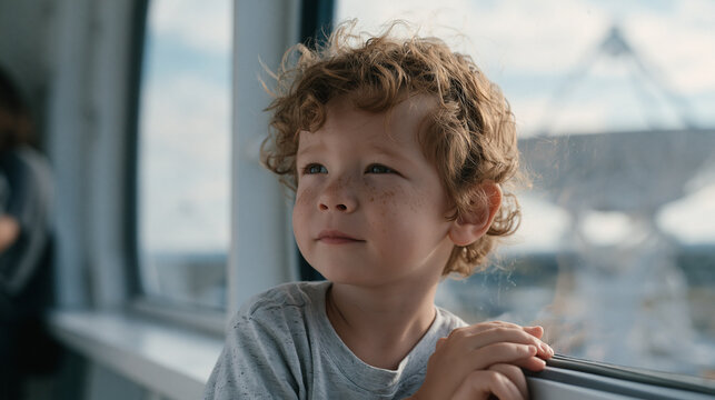 Child presses face against thick observatory window watching technicians assemble parabolic dish antenna array outside, parent explaining signal reception to wide-eyed youngster,