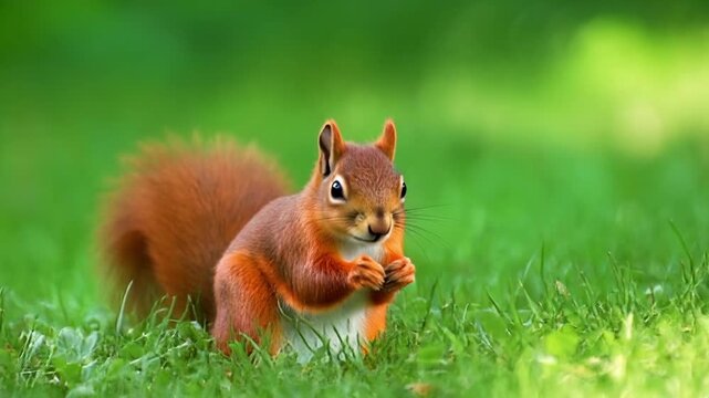 Red squirrel foraging in grassy meadow with shallow depth of field during daytime