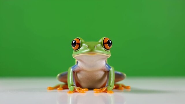 Red-eyed tree frog sitting on white surface against vibrant green backdrop with cinematic motion