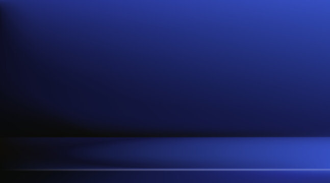 Blue bg gradient studio room with empty podium stage. Vector 3D abstract background featuring deep navy tones, elegant platform space for modern product presentation