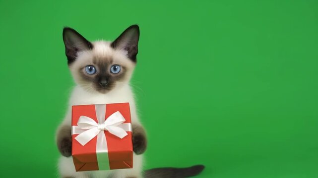 Siamese cat holding a red gift box with a white ribbon against a vibrant green screen background