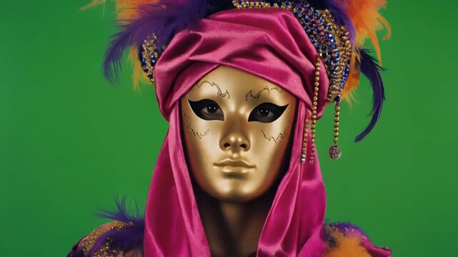 Vibrant Venetian Mask with Feathers on Green Screen during Mardi Gras Celebration Concept