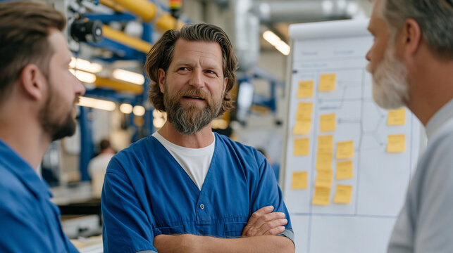 Lean manufacturing team conducting a kaizen whiteboard session beside an active production line, post-it notes organized into a value stream map on a large standing board as