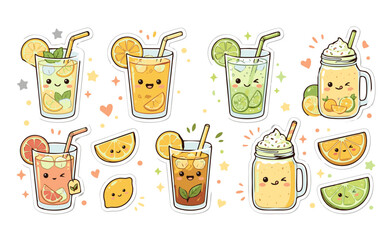 Cute Hand Drawn Citrus Drink Sticker Collection, Kawaii Lemonade Orange Juice and Lime Soda Doodles, Adorable Grapefruit Tea Lemon Iced Tea and Citrus Smoothie Clipart Pack © Ghirza
