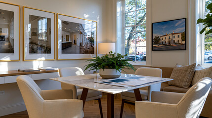 Fototapeta premium Before after split comparison renovation photography mounted in real estate brokerage office, wide establishing shot of property transformation portfolio wall, September autumn