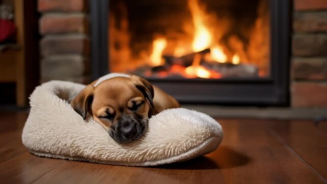 Puppy sleeping in a fluffy slipper by a warm fireplace