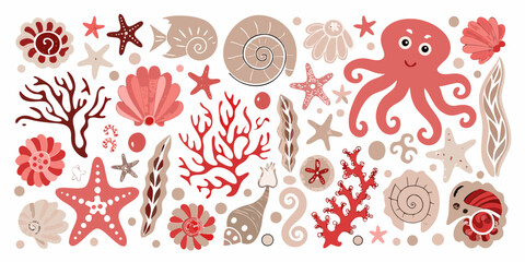 Marine Life Illustration With Starfish Shells And Coral In Red Tones © Mamata