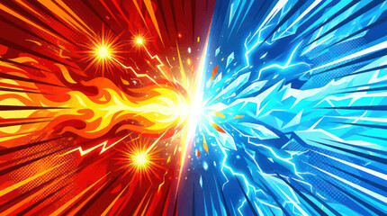 Obraz premium Dramatic battle scene with intense flames and lightning versus ice and water explosion background