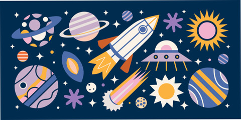 Planets Rocket And Sun Vector Illustration With A Dark Blue Background © Mamata