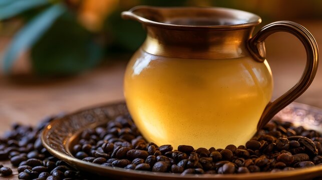 A ro shot of a golden pitcher of lemonade surrounded by coffee beans creating a sense of wonder and calm