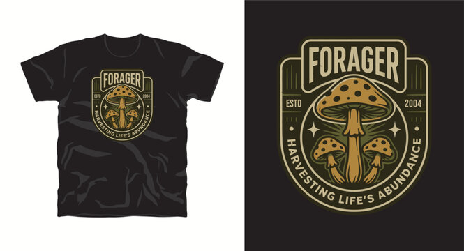 forager estd 2004 harvesting life's abundance t-shirt design with mushroom illustration.