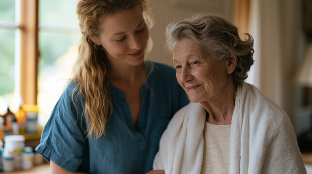 Alzheimers caregiver single professional home health aide supporting elderly patient with morning routine, indoor domestic setting with autumn window light, September awareness