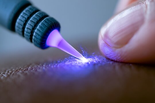 Close-up of a laser pen emitting a bright purple beam on a substance, showcasing advanced technology