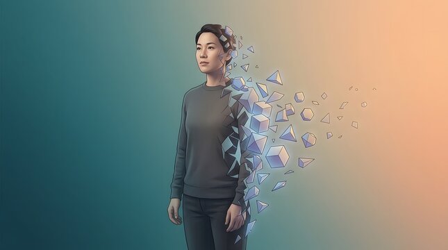 Woman dissolving into geometric 3d shapes and polygons digital art illustration conceptualizing digital identity data privacy or fragmentation of self in modern world.