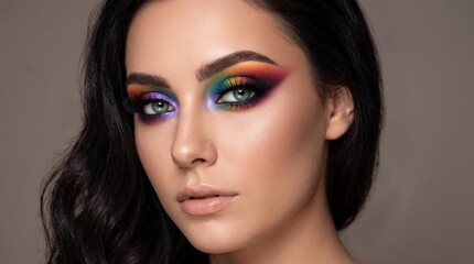 Fototapeta premium Female model with dark hair showcasing vibrant rainbow eye makeup and flawless skin against a neutral background, emphasizing bold cosmetic artistry and beauty trends