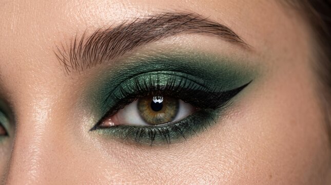 Close-up of a woman's eye featuring dramatic green eyeshadow and winged eyeliner, showcasing intricate makeup artistry and highlighting natural eyelashes and brow