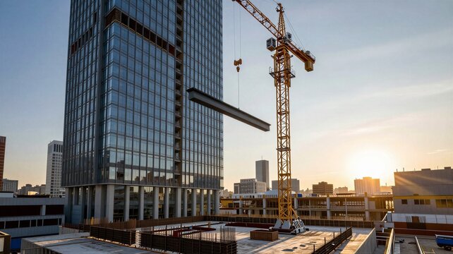 Crane Lifting Steel Beams for Skyscraper at Golden Hour