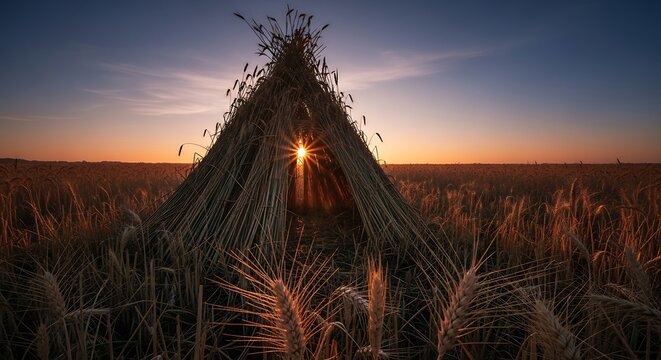 Sun shining through a handmade wheat sheaf hut in a field at sunset