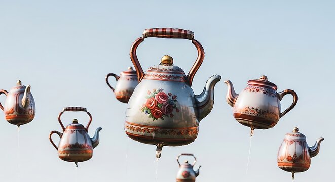 Teapot shaped foil balloons floating in the blue sky outdoors