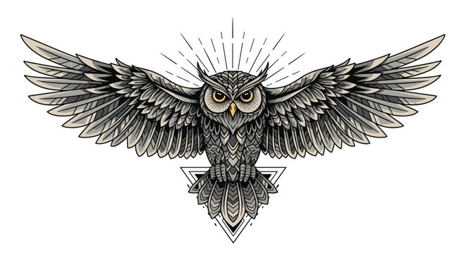 Majestic owl with wings wide spread in a highly detailed symmetrical illustration featuring various geometric design elements.