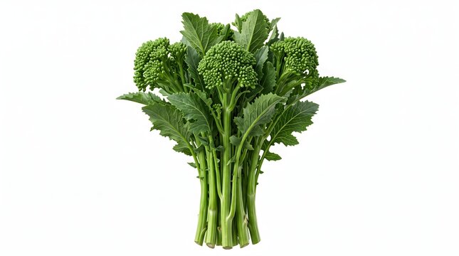 Fresh green broccolini bunch on white background, raw baby broccoli stems with leaves, organic cruciferous vegetable for healthy cooking
