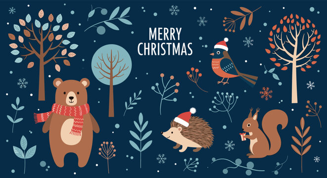 Merry christmas greeting with cute forest animals like a bear, hedgehog, squirrel, and bird wearing festive hats.