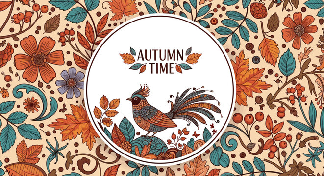 Ornate autumn time circular frame featuring a stylized bird surrounded by colorful fall leaves and floral patterns.