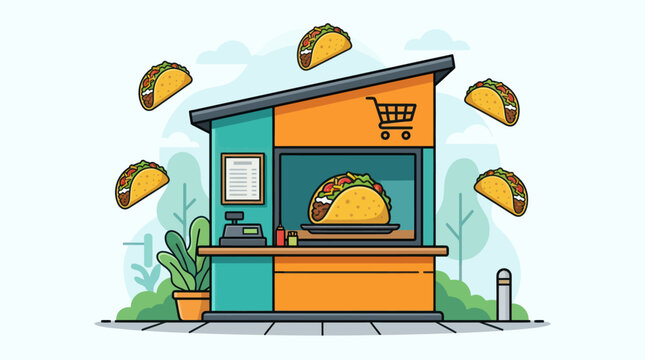 Vibrant food truck serving giant taco surrounded by flying tacos outdoors