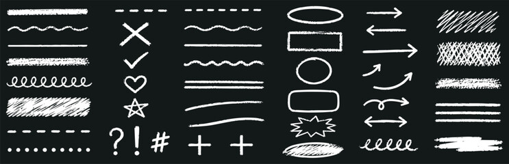Set of hand-drawn chalk elements on a black background. Includes various doodle lines, arrows, geometric shapes, checkmarks, hearts, stars, and symbols. © Zbrake Studio