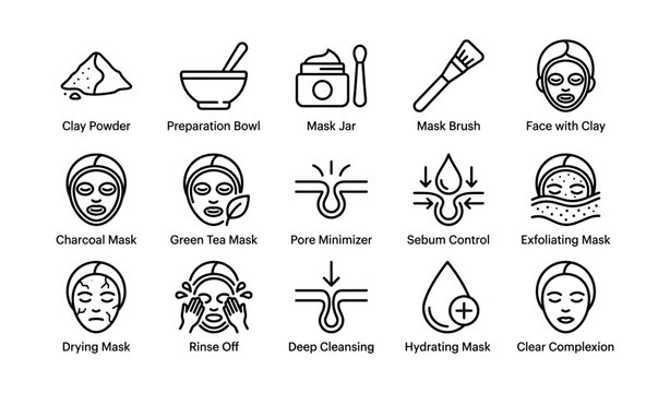 Face mask icons showing clay charcoal and exfoliating treatments