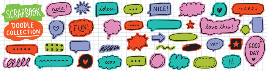 Obraz premium Colorful hand-drawn speech bubbles, thought clouds, and doodle elements for scrapbooking, journaling, and creative projects. Playful design with various texts and shapes on a grid background.