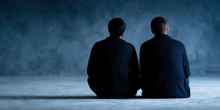 Two men sitting on floor seen from behind in dark blue moody atmosphere with copy space for text representing deep contemplation and partnership