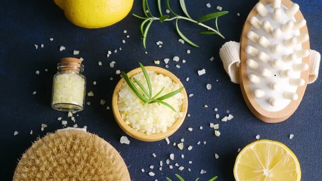 Bath salt with lemon and rosemary on dark background