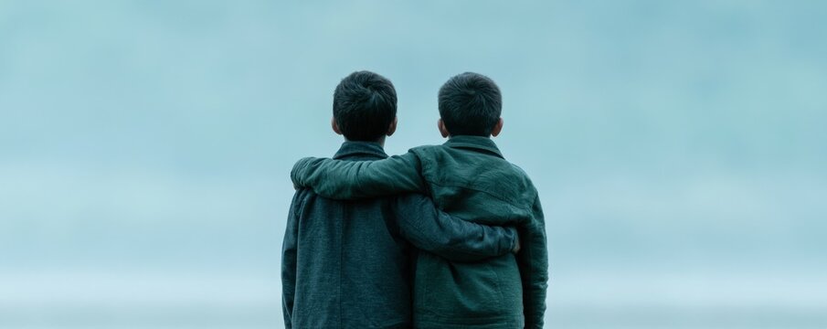 Two young boys standing together with arms around each other looking forward at misty landscape representing bond of childhood friendship and support.