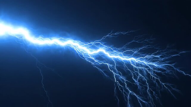 Cinematic blue lightning bolt flashing across a dark navy blue background with forced perspective and glowing electricity