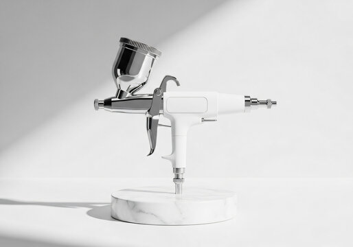 White Professional Airbrush Spray Gun on Marble Base Studio Shot