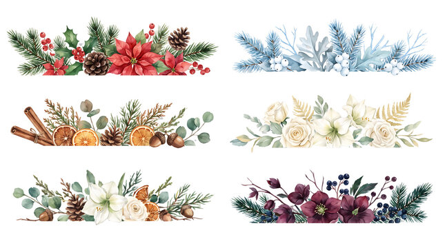 Watercolor floral and greenery borders for christmas and winter designs isolated on transparent background
