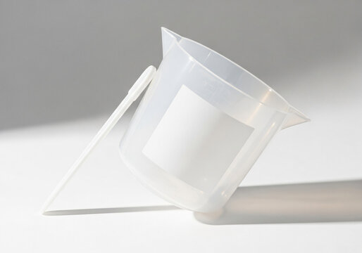 Minimalist plastic measuring beaker with blank label and white rod