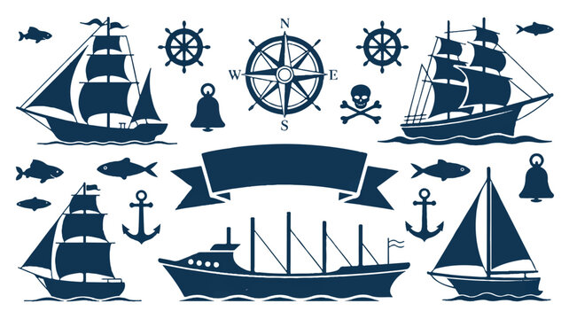 Nautical-themed vector graphics featuring various ships and sea icons on water