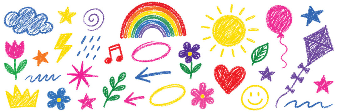 A collection of various hand-drawn crayon doodles including a rainbow, sun, flowers, stars, heart, and weather elements, isolated on a white background.