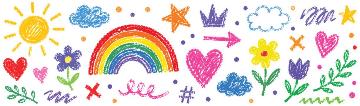 Collection of cute hand-drawn elements like rainbow, sun, hearts, flowers, clouds, stars, and abstract shapes, created with wax crayons on white background.