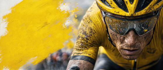 Fototapeta premium Cyclist wearing a yellow jersey and mud-covered glasses during a professional road race. Intense athlete competing in a cycling championship. Banner with copy space