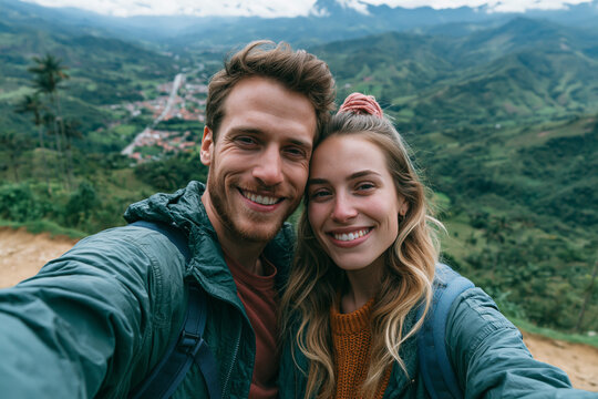 Selfie in South America happy young couple embracing above spectacular mountain landscape during romantic travel vacation adventure together