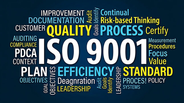 ISO 9001 Word Cloud Design &ndash; Quality Management System, Business Excellence and Continuous Improvement Concept
