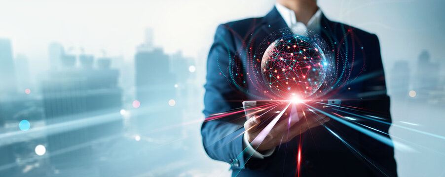 Abstract, Big data network and AI technology, Algorithm Innovation and Data science, Business data flow on global network and strategy to business changes with flexibility resilience digital setting.