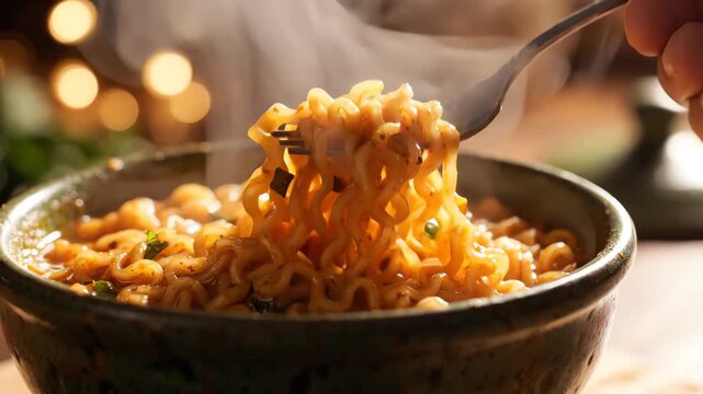 Cinematic close up of steaming hot instant masala noodles in a ceramic bowl with selective focus and soft bokeh background